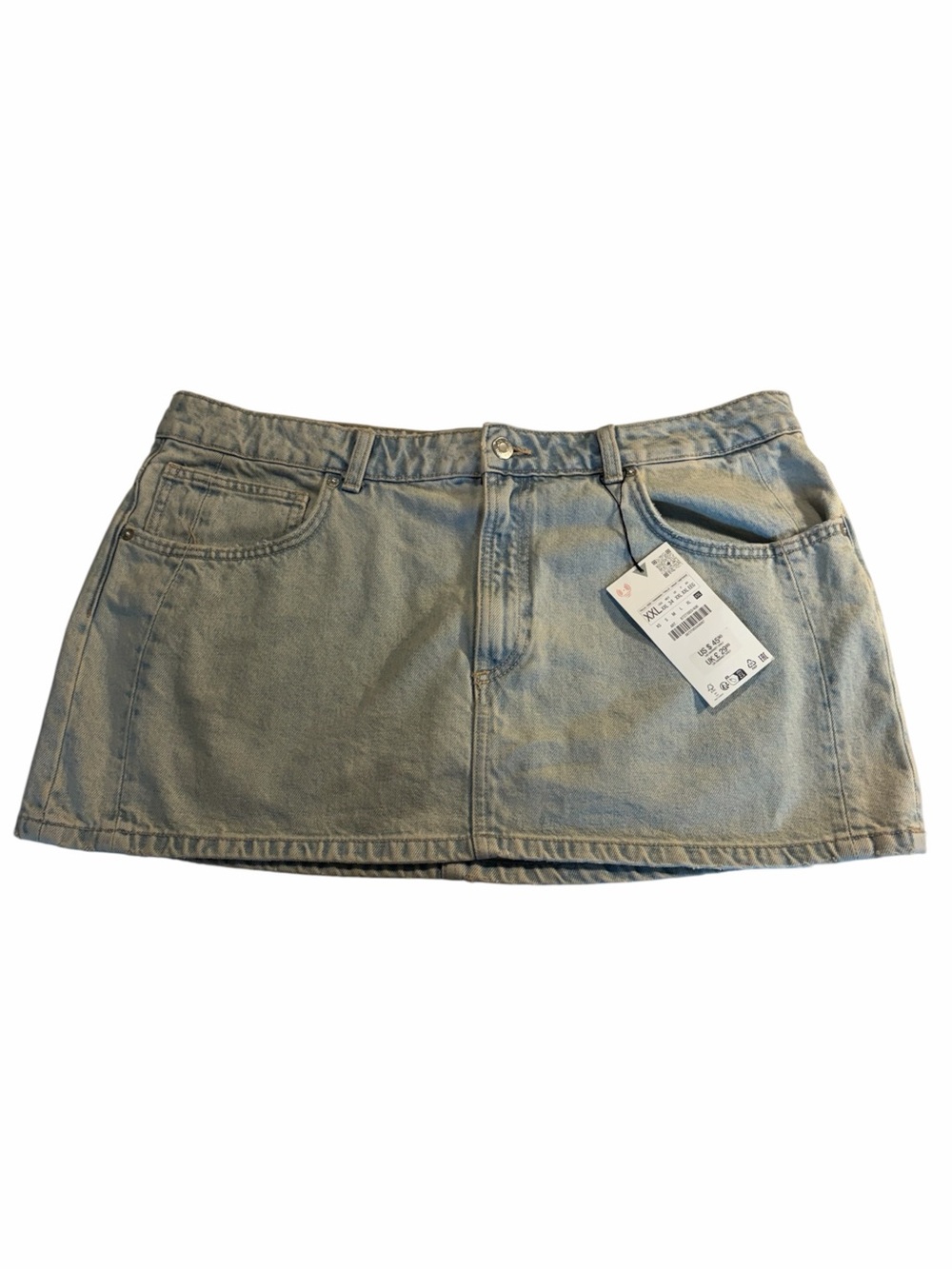 Zara NWT Denim Mini Skirt XXL Y2K Blue Tan Mottled Wash